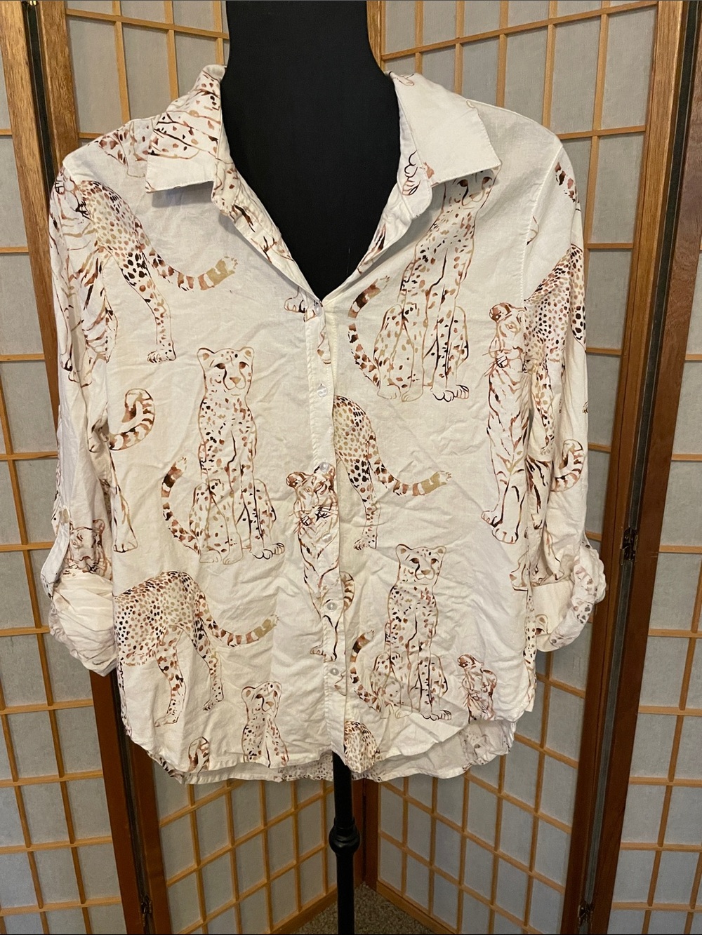 Jane & Delancey Linen Blend Cream Button-Up Shirt with Leopard Print